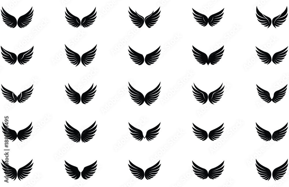 Obraz premium Black wings silhouette vector set, the wings set is ideal for logo, emblem, badge design. Versatile for art, heraldry, animal symbolism. Ranging from simple to intricate feather or scale details