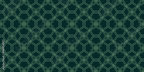 Seamless luxury geometric pattern with green outlines on dark background. Elegant linear hexagon and floral tile for wallpaper, textile, and corporate identity design.