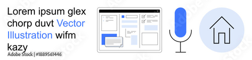 Web design, technology tools, digital interaction, smart home systems, voice recognition, UI development. Interface layout, microphone home icon. Web design and technology tools concept