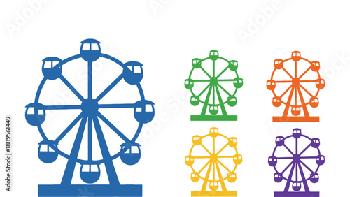 A colorful illustration of multiple Ferris wheels in different vibrant colors and sizes