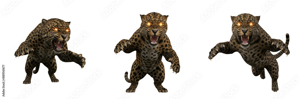 Fototapeta premium Set of aggressive leopard predators with glowing orange eyes in pouncing and roaring poses isolated on white background.