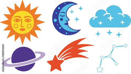 A colorful illustration of celestial bodies and objects in the sky