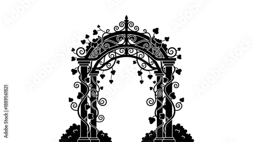 A beautiful black and white illustration of an ornate archway with vines and flowers