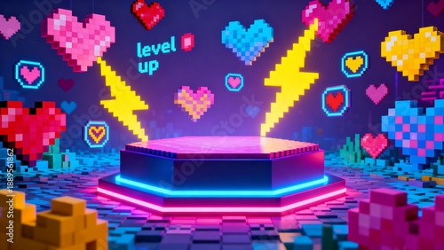A Neon Lit Pixel Art Style Podium. Background is Filled with 3D Colorful Pixel