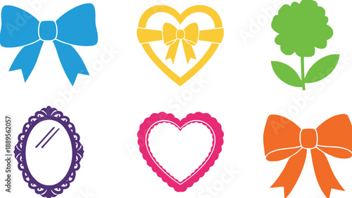 A colorful collection of bow and heart shaped icons on a white background