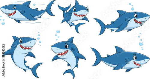 Cute Shark Cartoon Vector Set with Dynamic Swimming Poses and Playful Expressions for Kids Games Education Marine Wildlife and Ocean Illustration Designs