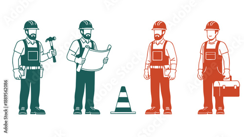 Four construction workers in different colored uniforms standing together with tools