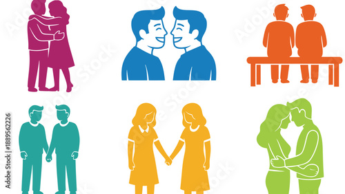A colorful illustration of diverse couples and friends showing affection and togetherness
