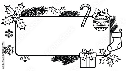 A festive black and white Christmas border with holiday decorations and gifts