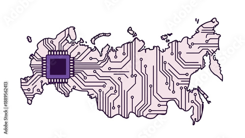 A map of Russia with a circuit board design and microchip