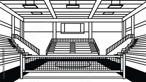 A large empty indoor sports arena with bleachers and a fenced court