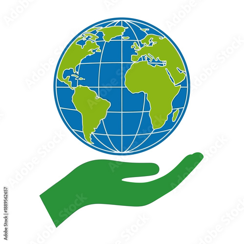 A green hand gently cradling a blue and green globe, symbolizing global environmental protection and sustainability.