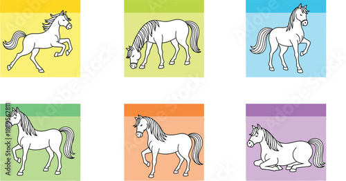 Set of white horse cartoon illustrations in different poses on colorful backgrounds, playful animal character vector collection