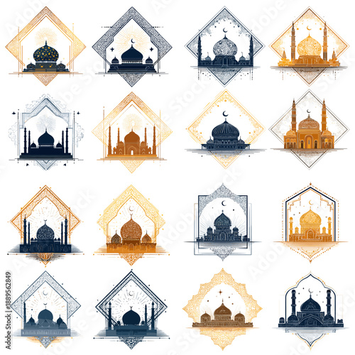 Islamic mosque silhouette illustration set with domes and minarets in elegant geometric frames ideal for religious design cultural art and spiritual backgrounds.