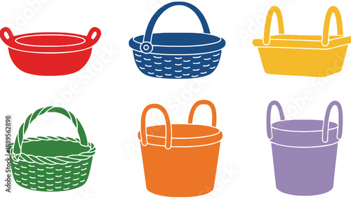 A colorful illustration of six baskets in different colors and styles.