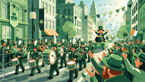 St Patricks Day parade with marching band and leprechaun float celebrating Irish culture with confetti and festive decorations on a city street
