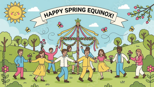 Happy Spring Equinox celebration with diverse people dancing around a maypole in a park surrounded by nature and butterflies vector illustration