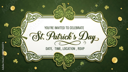 St Patricks Day invitation template with shamrocks and Celtic knot border festive green background with gold coins for event announcement