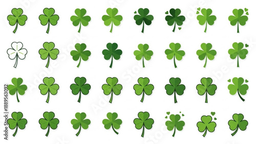Collection of shamrock icons representing luck and St Patricks Day in various green shades and styles for graphic design