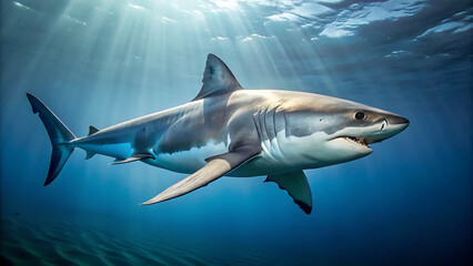 A large gray shark swimming underwater with sunlight filtering through
