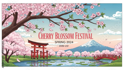 Cherry Blossom Festival banner with Mount Fuji traditional torii gate and tranquil pond celebrating spring in Japan with floral beauty and cultural elements