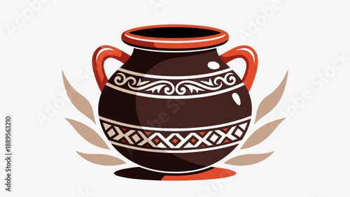 Stylized Earthenware Pot with Handles and Intricate Decorative Patterns