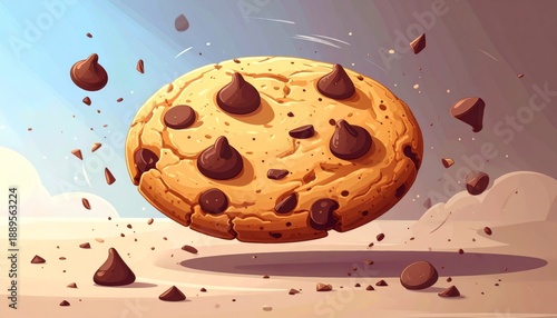 A chocolate chip cookie with chocolate chips flying off it in mid-air.