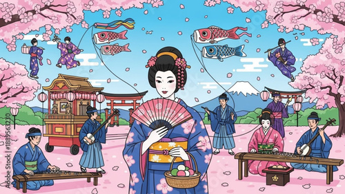 Geisha with fan surrounded by traditional Japanese festival scene featuring musicians food stall carp streamers and Mount Fuji vector illustration