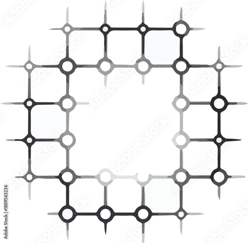 Black and white abstract grid pattern of connected circles forming a hollow square