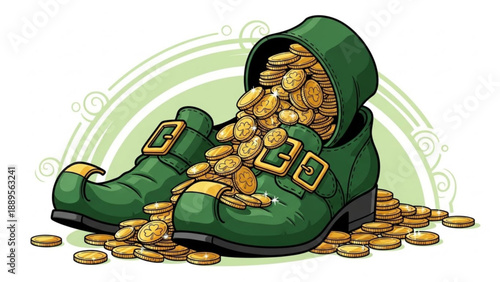 Leprechaun shoes overflowing with gold coins a symbol of luck and wealth for St Patricks Day celebrations isolated on white