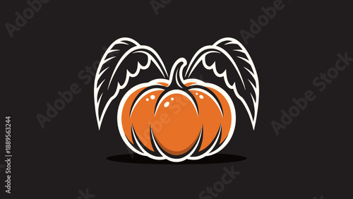 Stylized Orange Pumpkin with Elegant White Leaves on Dark Background