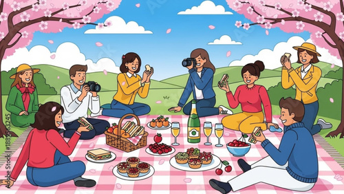 People enjoying a spring picnic under cherry blossoms with food and cameras perfect for seasonal events and outdoor leisure concepts