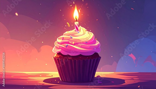 A cartoon cupcake with a lit candle on a table at sunset.