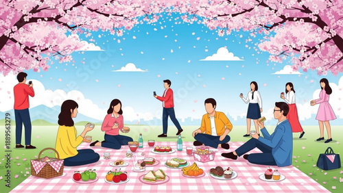People enjoying a picnic under blooming cherry blossom trees a vibrant spring scene with families and friends relaxing outdoors perfect for seasonal promotions and lifestyle concepts