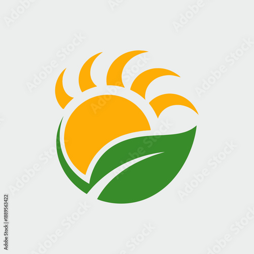 A vibrant logo featuring a rising yellow sun with rays over a green leaf, symbolizing nature, growth, and renewable energy.