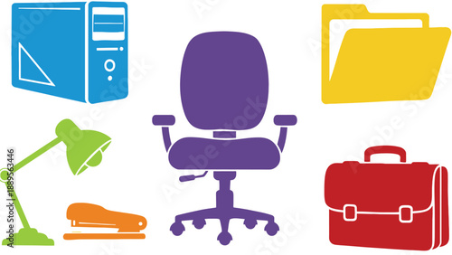 A colorful illustration of office supplies and furniture on a white background