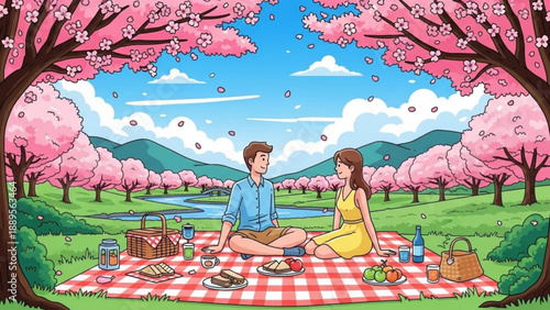 Couple enjoying a romantic picnic under blooming cherry blossom trees a serene spring landscape with a river and mountains perfect for illustrating love and outdoor leisure