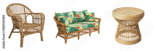Bild auf Leinwand Set of outdoor wicker rattan furniture including armchair, sofa with floral tropical cushions and round side table isolated on white background