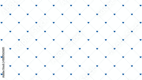 Minimalist white background with blue heart pattern and dotted diamond grid, clean geometric seamless vector for modern stationery and textile prints