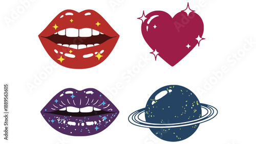 A colorful illustration of various symbols and objects on a white background