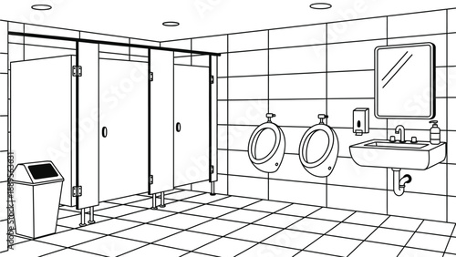 A black and white illustration of a public restroom interior with stalls and sinks