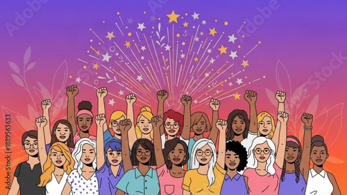Diverse group of women raising fists in solidarity celebrating empowerment and unity with fireworks and floral elements concept for feminism and social justice
