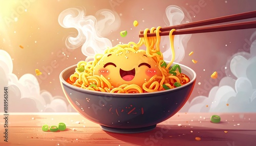 Delicious steaming hot noodle dish with smiling egg and chopsticks.