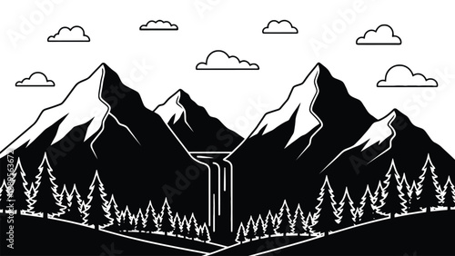 A serene black and white illustration of mountains with a waterfall