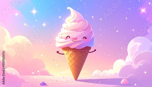 A cartoon ice cream cone with a smiling face floating in a pastel sky.