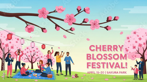 People enjoying a vibrant cherry blossom festival in a park celebrating spring with picnics and lanterns flat vector illustration for seasonal events