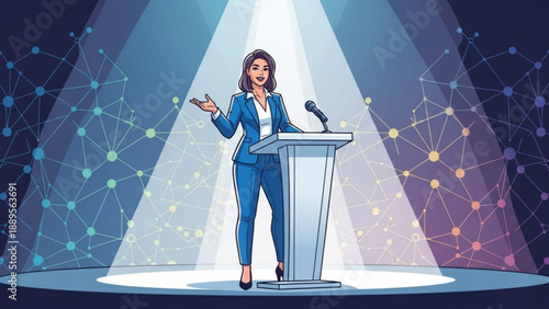 Businesswoman speaking at a podium delivering a presentation on a stage with spotlight and network background concept for communication and leadership