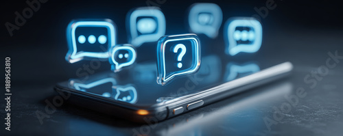 Chat bubble question mark mobile phone customer support online help digital communication social media blue light futuristic chat bubble question