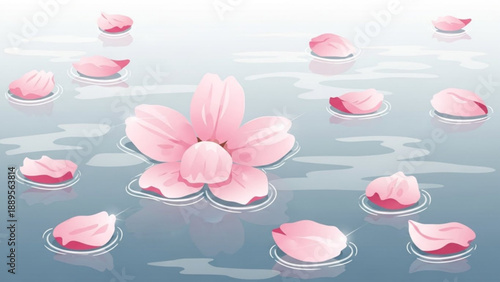 Single large pink cherry blossom flower floating on calm water with scattered petals serene spring nature concept delicate and peaceful illustration