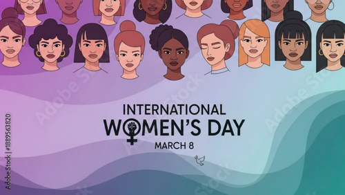 Diverse group of womens faces celebrating International Womens Day vector illustration for social media and awareness campaigns